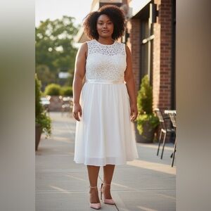 Anself | Plus Size White Lace & Chiffon Midi Dress | Sleeveless | Fit Small 3X